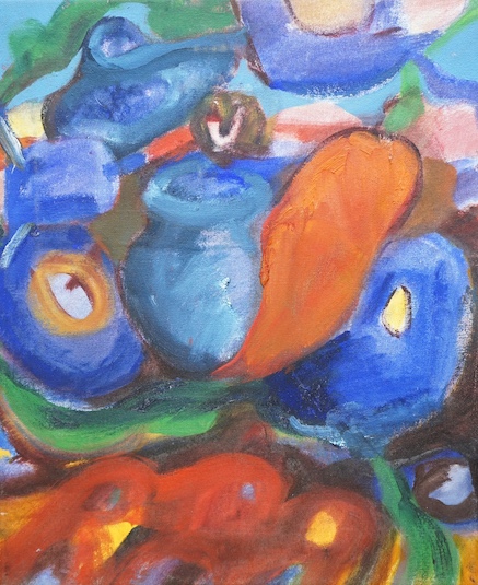 Abstract oil on canvas, Still life, indistinctly signed verso and dated 1995, 45 x 37cm, unframed. Condition - good